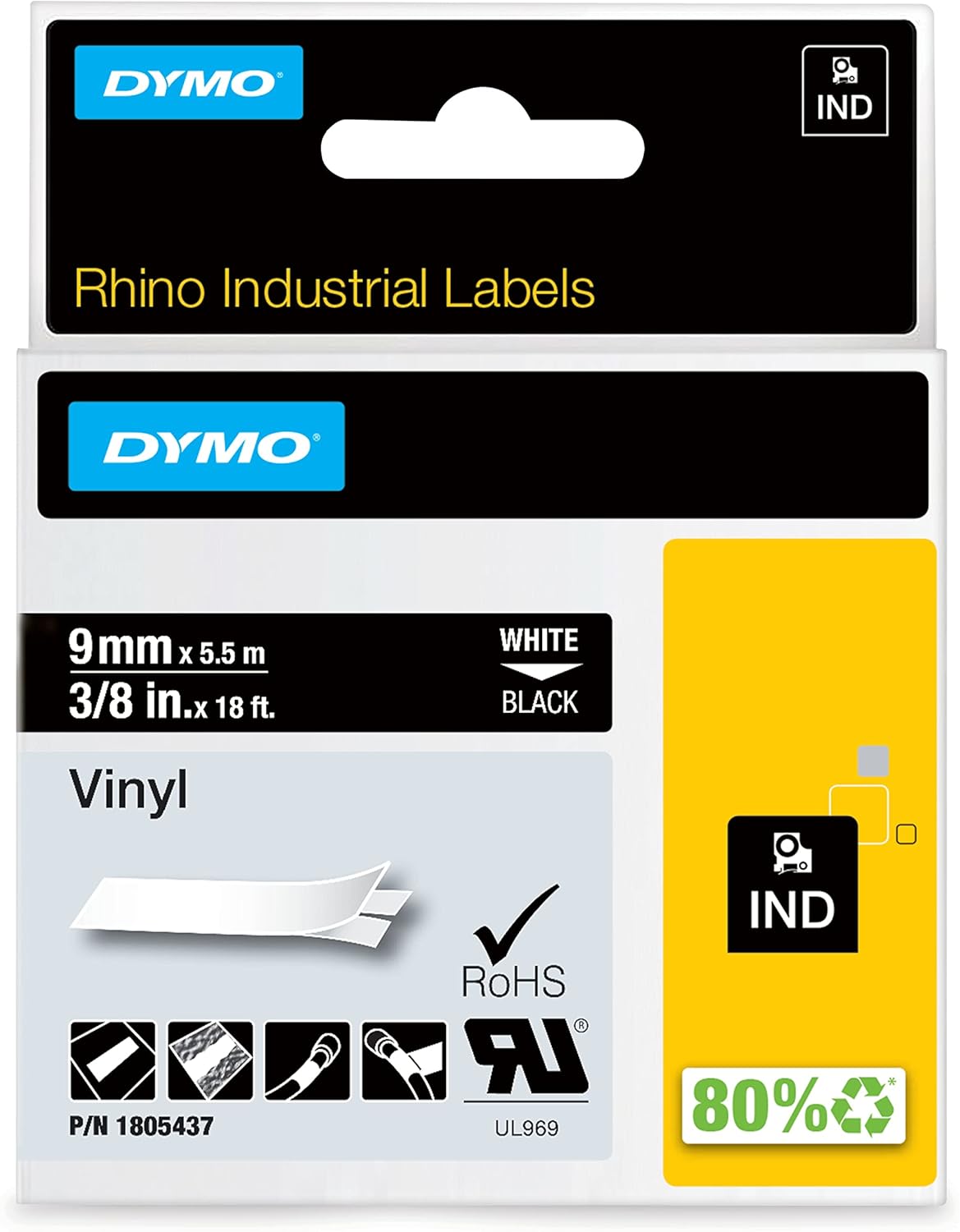 TechWarehouse 18443 Dymo Rhino Vinyl 9mm x 5.5m Black on White Adhesive Tape Dymo