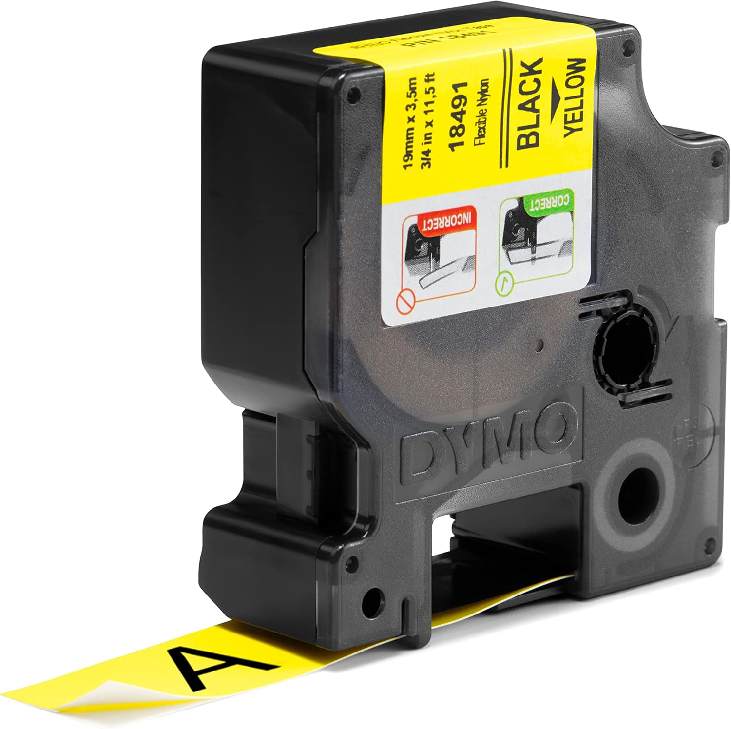 TechWarehouse 18491 Dymo Rhino Flexible Nylon 19mm x 3.5m Black on Yellow Adhesive Tape Dymo