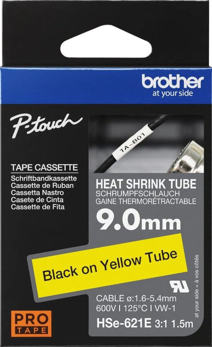 TechWarehouse HSe-621E Brother 9.0mm x 1.5m Black On Yellow Heat Shrink Tube Brother