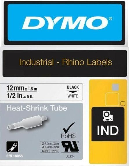 TechWarehouse 18055 Dymo Rhino Heat-Shrink 12mm x 1.5m Black on White Dymo