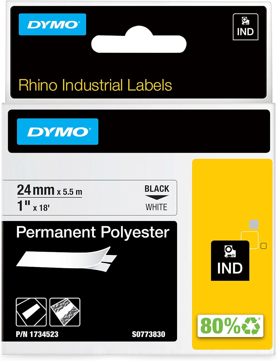 TechWarehouse 1734523 Dymo Rhino Perm Polyester 24mm x 5.5m Black on Clear Adhesive Tape Dymo