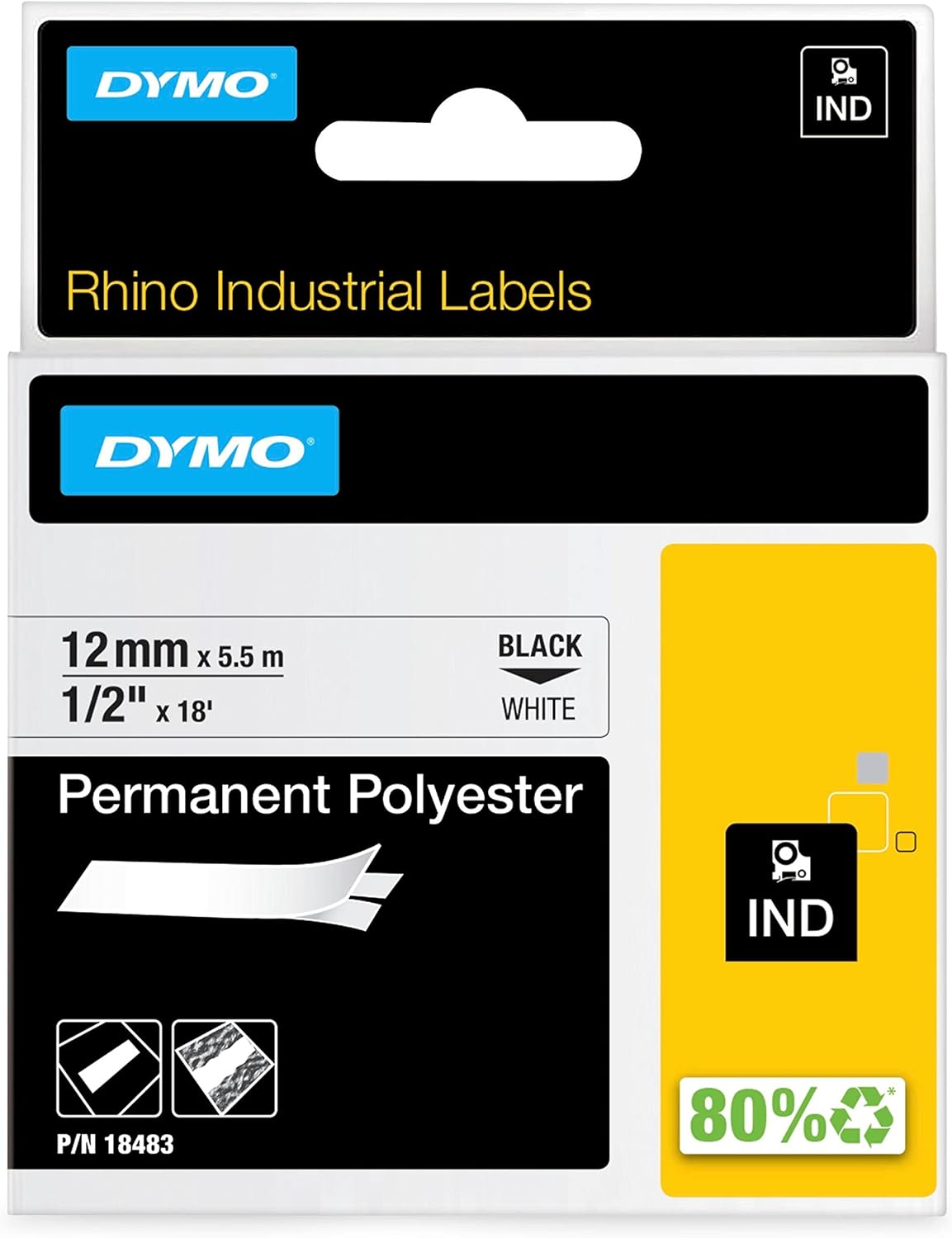 TechWarehouse 18483 Dymo Rhino Perm Polyester 12mm x 5.5m Black on White Adhesive Tape Dymo