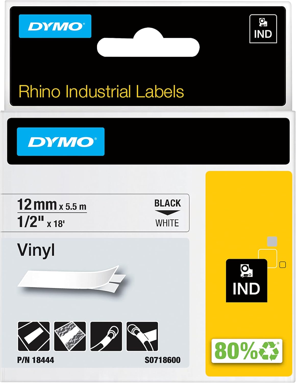 TechWarehouse 18444 Dymo Rhino Vinyl 12mm x 5.5m Black on White Adhesive Tape Dymo