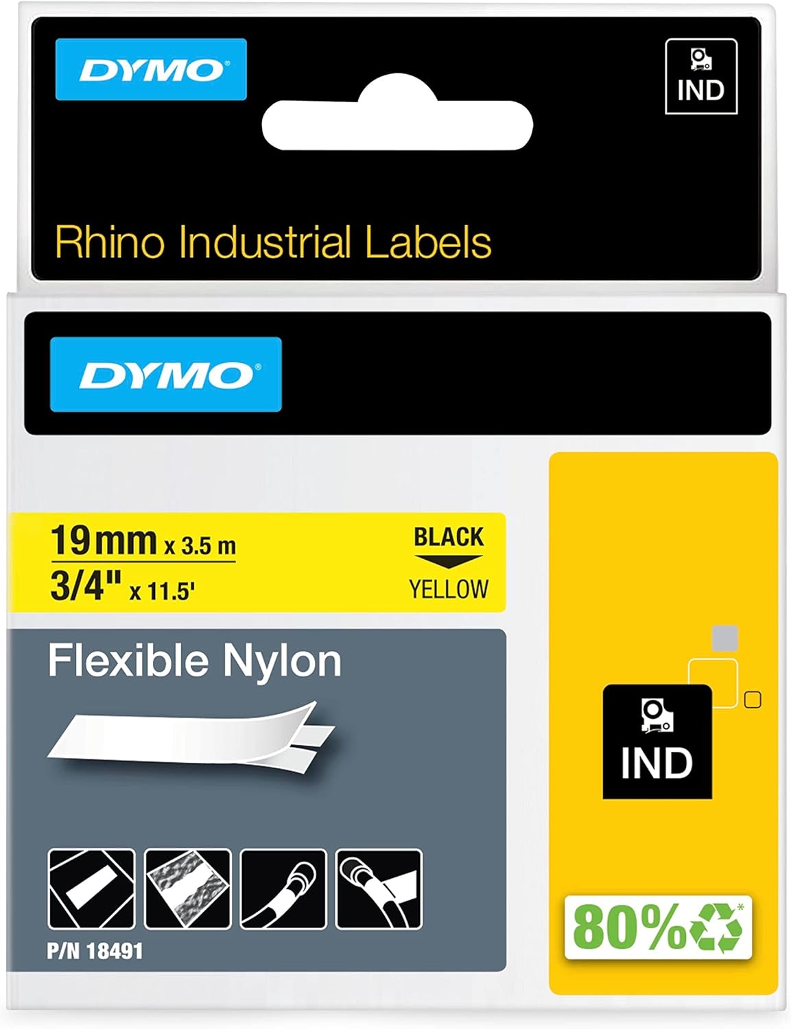 TechWarehouse 18490 Dymo Rhino Flexible Nylon 12mm x 3.5m Black on Yellow Adhesive Tape Dymo