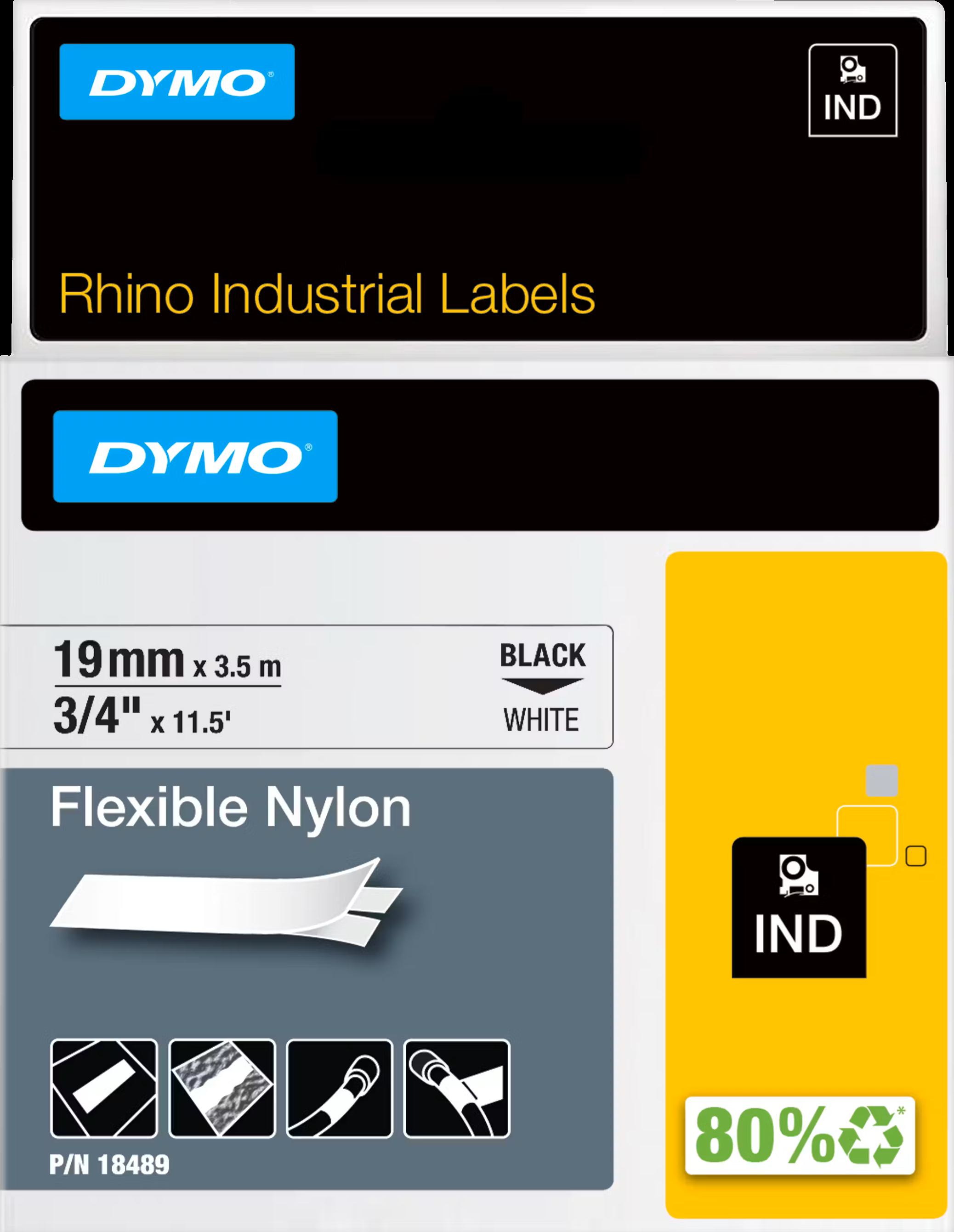 TechWarehouse 18489 Dymo Rhino Flexible Nylon 19mm x 3.5m Black on White Adhesive Tape Dymo
