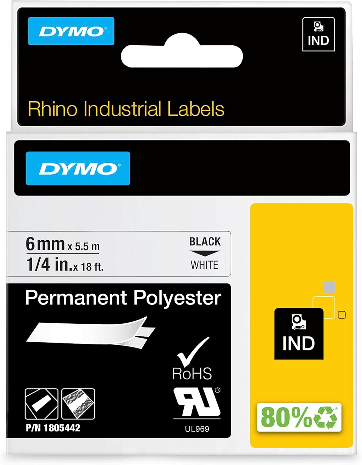 TechWarehouse 1805442 Dymo Rhino Perm Polyester 6mm x 5.5m Black on White Adhesive Tape Dymo