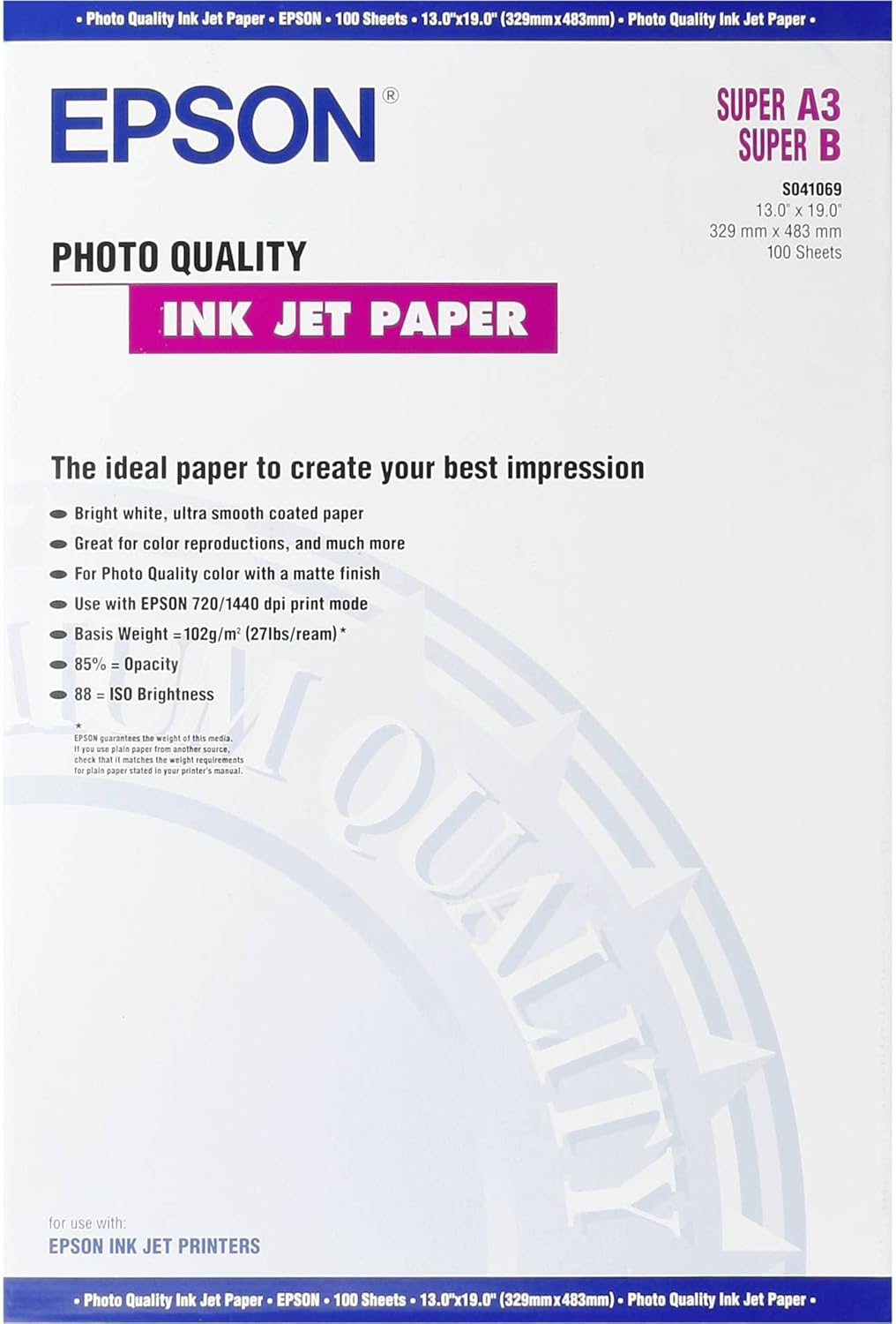 A3+ 102gsm Epson Photo Quality Inkjet Paper 100 sheets