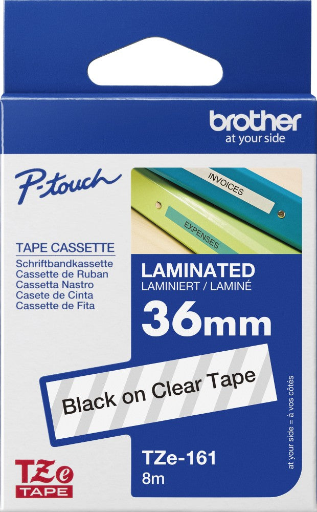 TechWarehouse TZe-161 Brother 36mm x 8m Black on Clear Adhesive Laminated Tape Brother