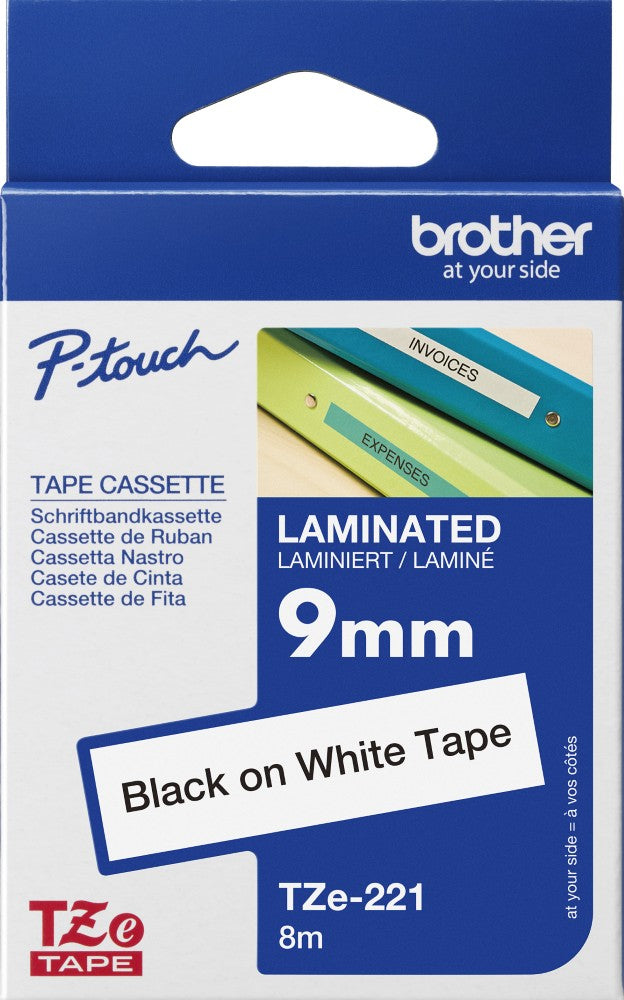 TechWarehouse TZe-221 Brother 9mm x 8m Black on White Adhesive Laminated Tape Brother