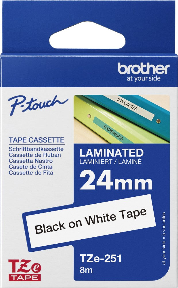 TechWarehouse TZe-251 Brother 24mm x 8m Black on White Adhesive Laminated Tape Brother