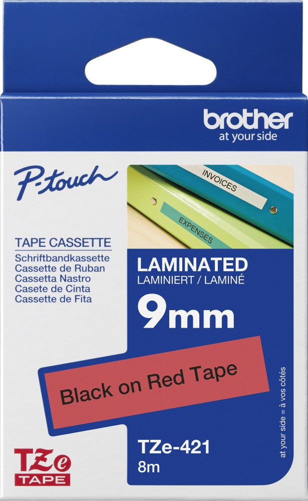 TechWarehouse TZe-421 Brother 9mm x 8m Black on Red Adhesive Laminated Tape Brother