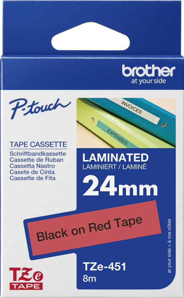 TechWarehouse TZe-451 Brother 24mm x 8m Black on Red Adhesive Laminated Tape Brother