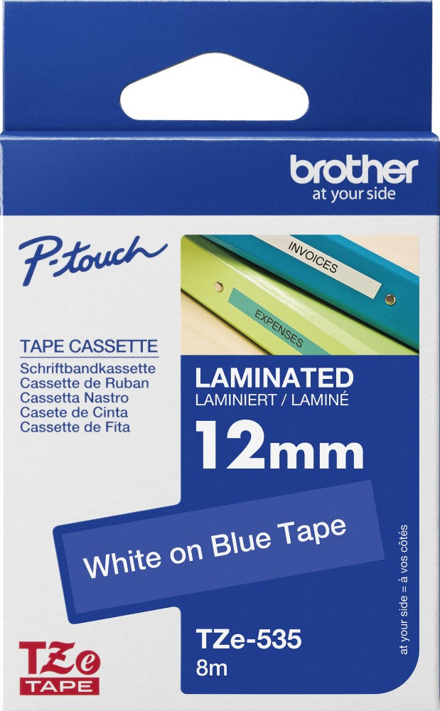 TechWarehouse TZe-535 Brother 12mm x 8m White on Blue Tape Adhesive Laminated Tape Brother