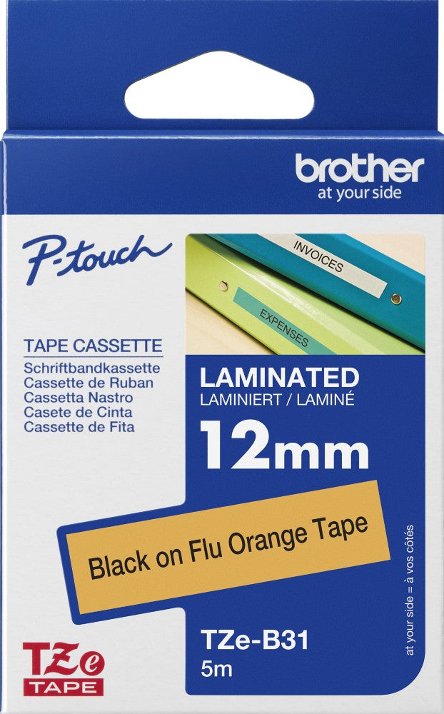 TechWarehouse TZe-B31 Brother 12mm x 5m Black on Fluro Orange Adhesive Laminated Tape Brother