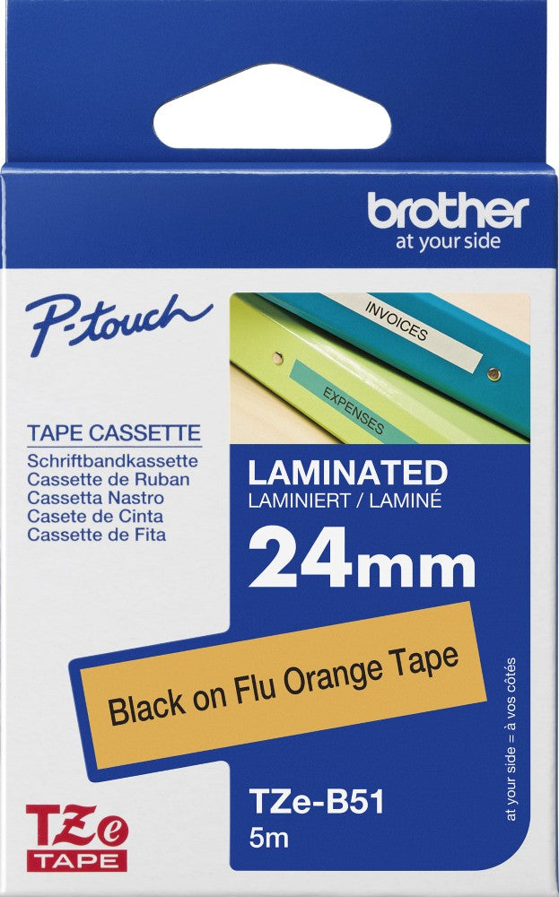 TechWarehouse TZe-B51 Brother 24mm x 5m Black on Fluorescent Orange Adhesive Laminated Tape Brother