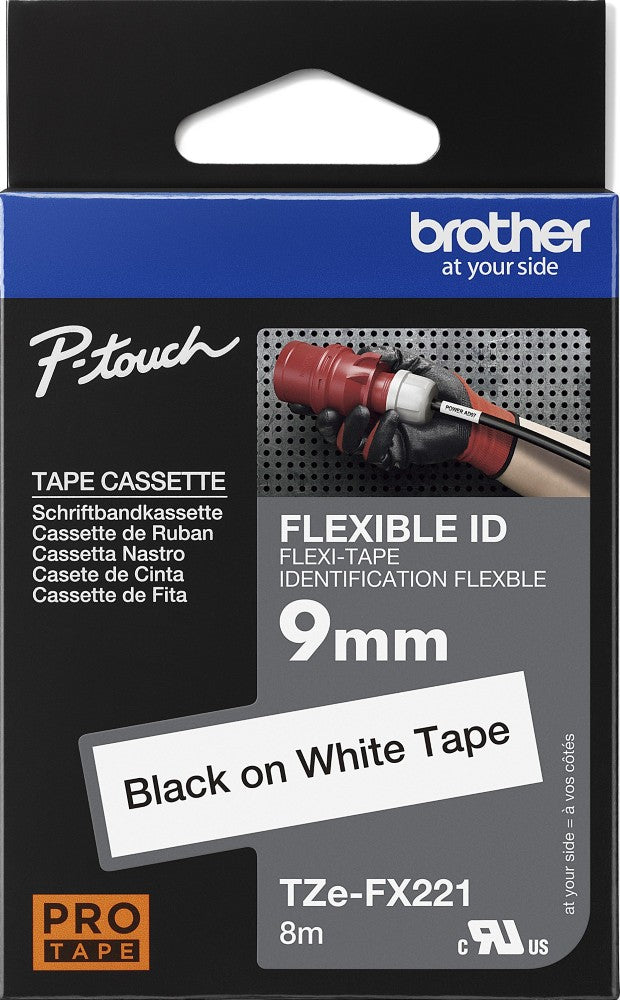 TechWarehouse TZe-FX221 Brother 9mm x 8m Flexible ID Tape Black on White Brother