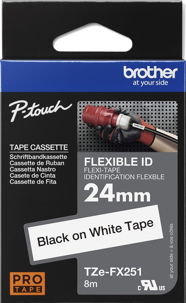 TechWarehouse TZe-FX251 Brother 24mm x 8m Black on White Flexi ID Tape Brother