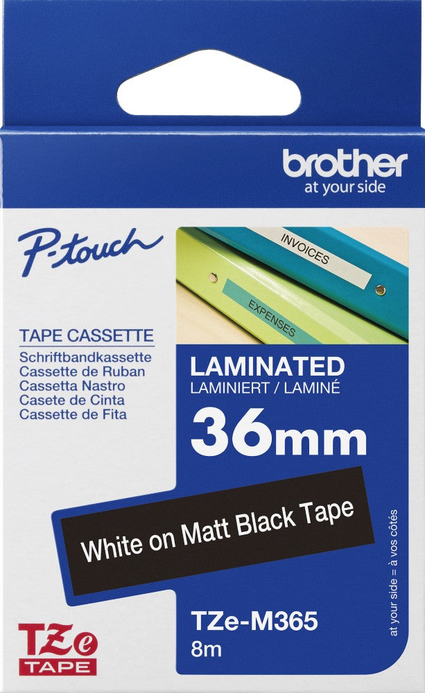 TechWarehouse TZe-M365 Brother 36mm x 8m White on Black Matt Adhesive Lamianted Tape Brother