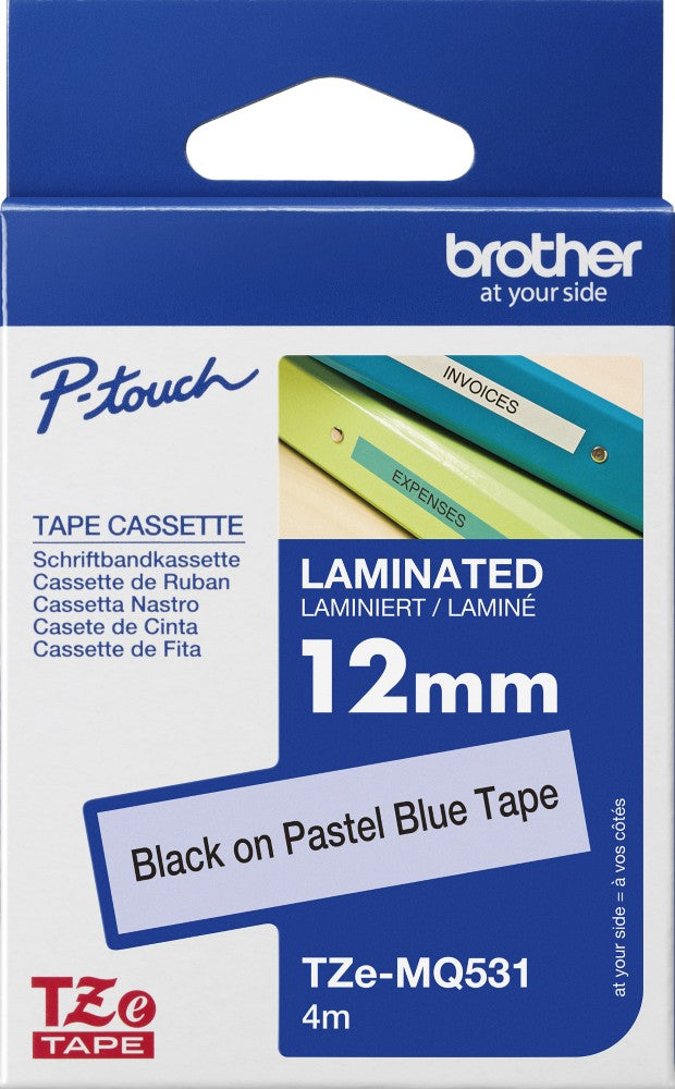 TechWarehouse TZe-MQ531 Brother 12mm x 4m Black on Pastel Blue Adhesive Laminated Tape Brother