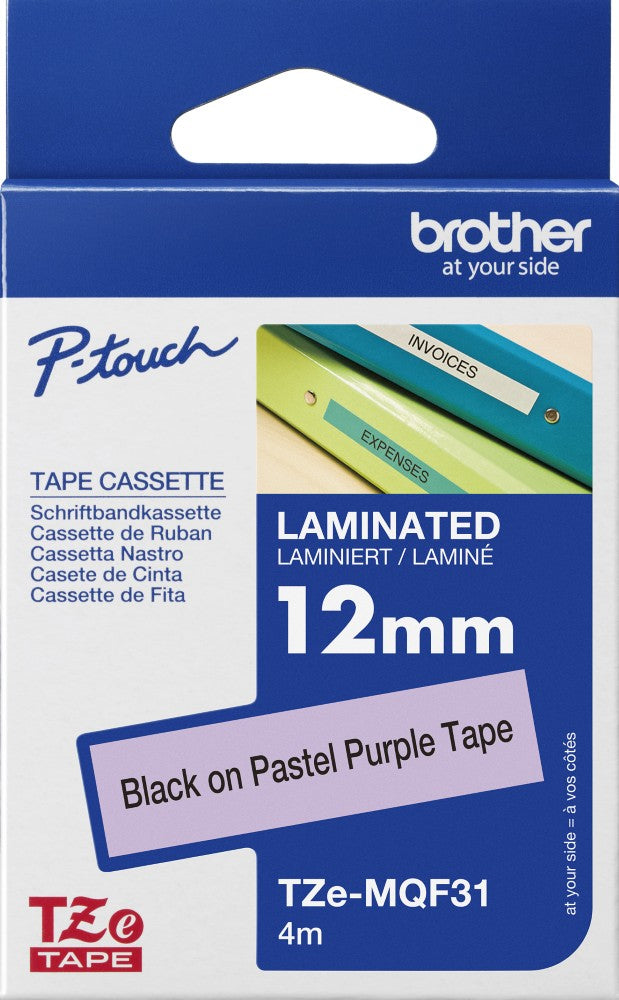 TechWarehouse Tze-MQF31 Brother 12mm x 4m Black on    Pastel Purple Tape Brother