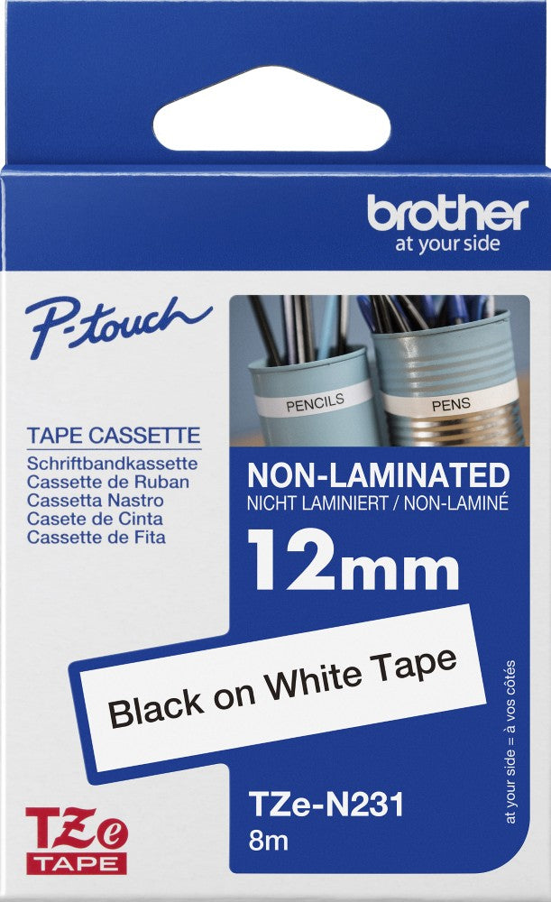TechWarehouse TZe-N231 Brother 12mm x 8m Black on White Adhesive Non Laminated Tape Brother