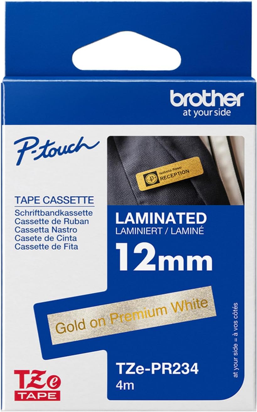 TZe-PR234 Brother 12mm x 4m Gold on Premium White Adhesive Laminated Tape