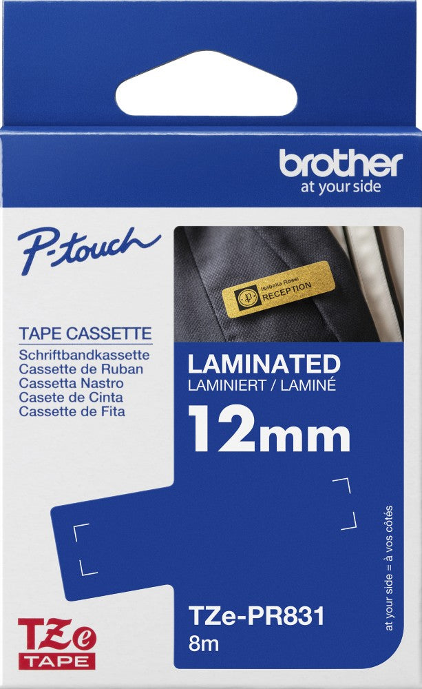 TechWarehouse TZe-PR831 Brother 12mm x 4m Black on Premium Gold Adhesive Laminated Tape Brother