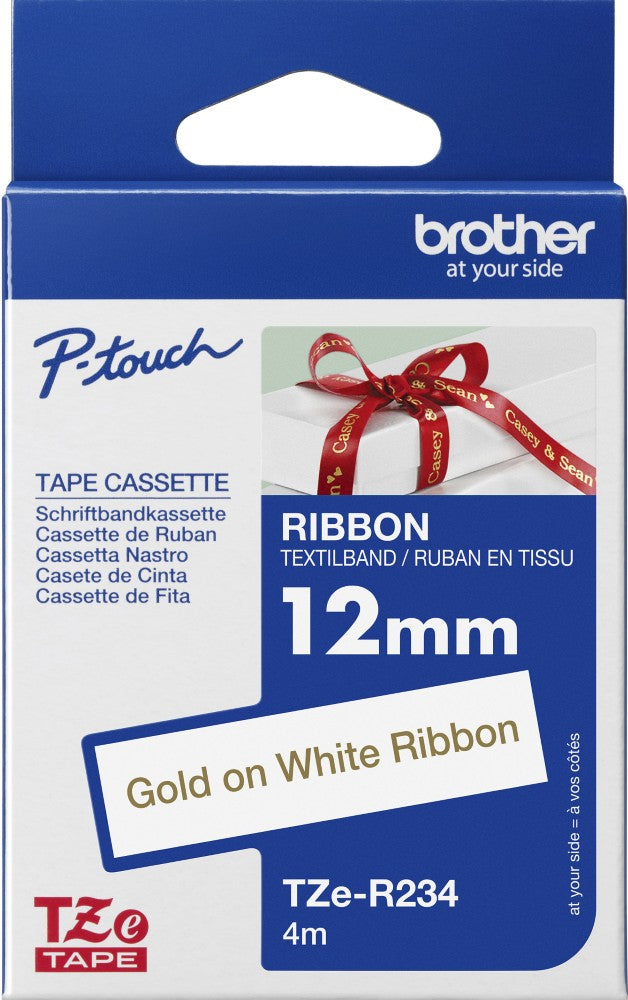TechWarehouse TZe-R234 Brother 12mm x 4m Gold on White Ribbon Brother