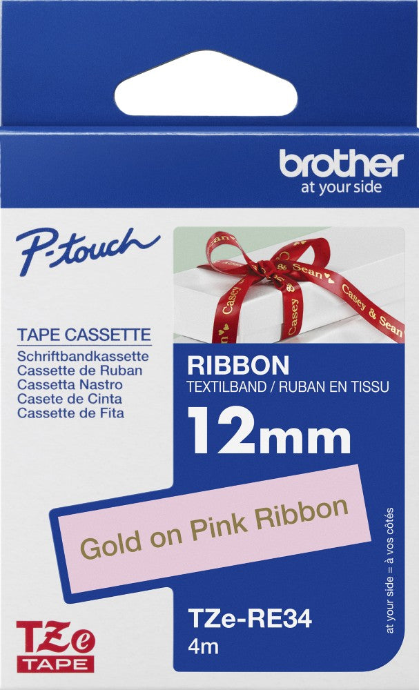 TechWarehouse TZe-RE34 Brother 12mm x 4m Gold on Pink Ribbon Brother