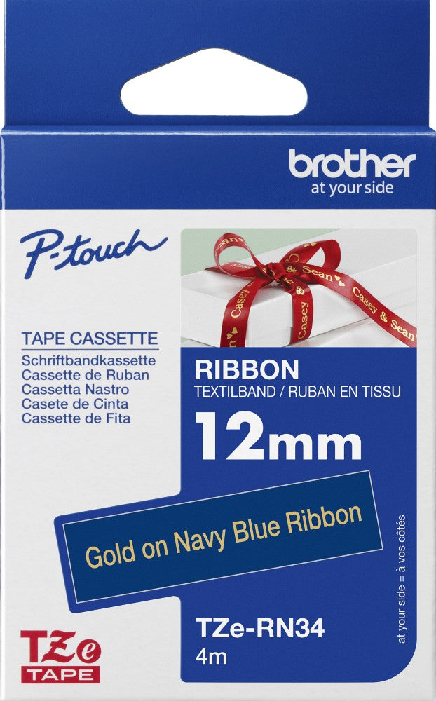 TechWarehouse TZe-RN34 Brother 12mm x 4m Gold on Navy Blue Ribbon Brother