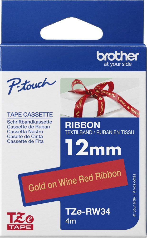 TechWarehouse TZe-RW34 Brother 12mm x 4m Gold on Wine Red Ribbon Brother