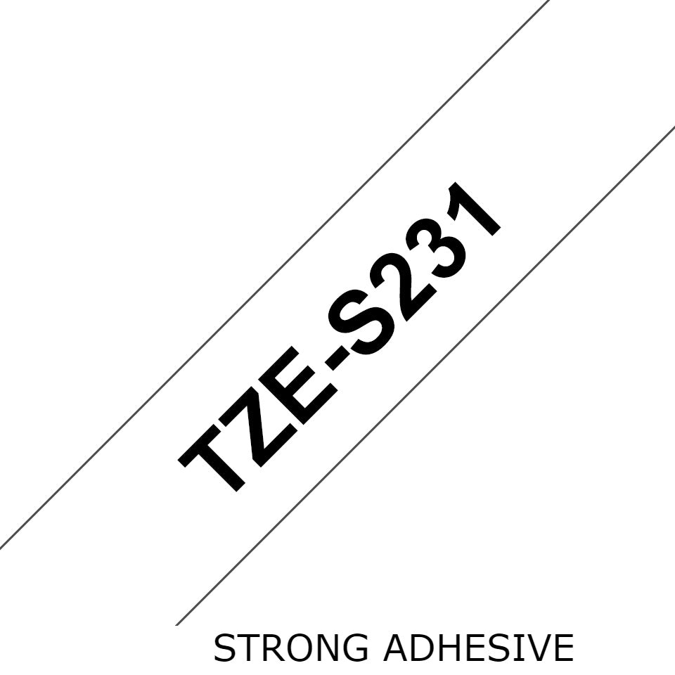 TechWarehouse TZe-S231 Brother 12mm x 8m Black on White Strong Adhesive Laminated Tape Brother