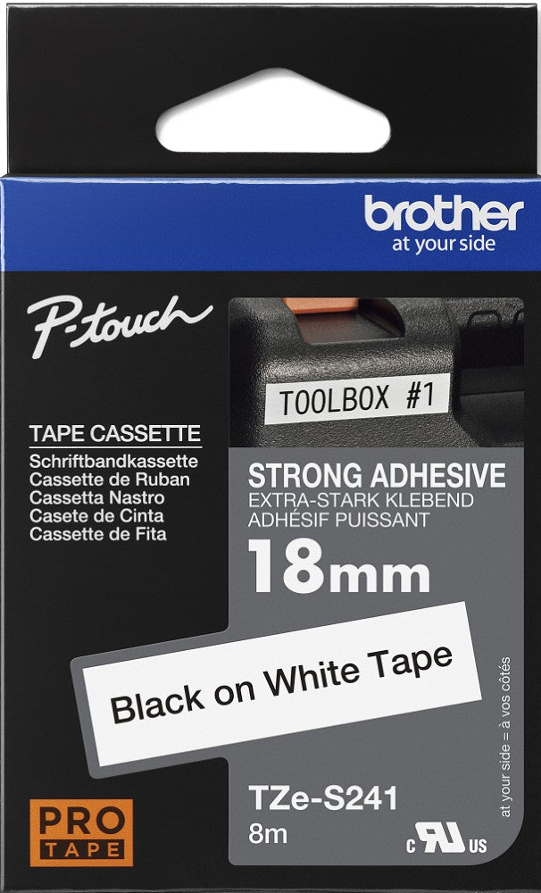 TechWarehouse TZe-S241 Brother 18mm x 8m Black on White Strong Adhesive Laminated Tape Brother