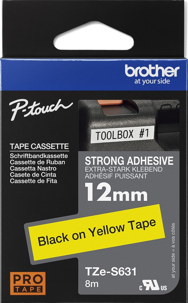 TechWarehouse TZe-S631 Brother 12mm x 8m Black on Yellow Strong Adhesive Laminated Tape Brother