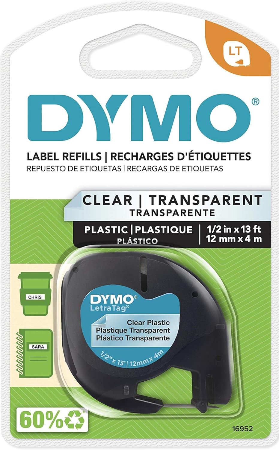 TechWarehouse 16952 Dymo 12mm x 4m LetraTag Plastic Tape Clear Dymo