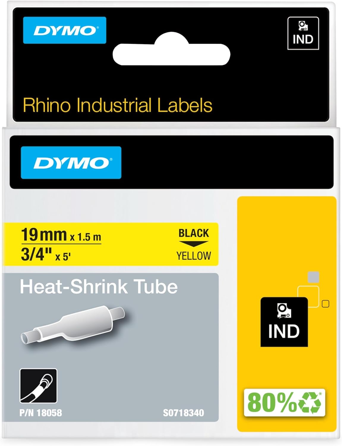 TechWarehouse 18058 Dymo Rhino Heat-Shrink 19mm x 1.5m Black on Yellow Dymo