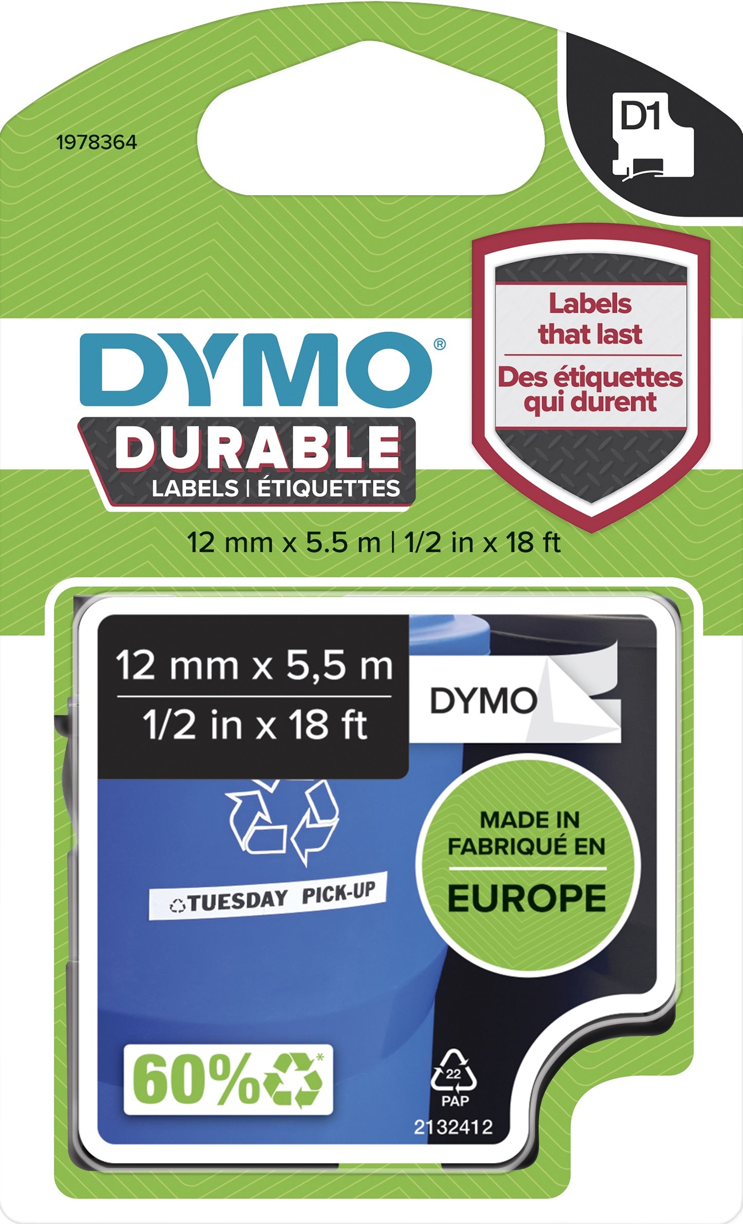 TechWarehouse 1978364 Dymo D1 12mm x 5.5m Durable Label Tape Black on White Dymo