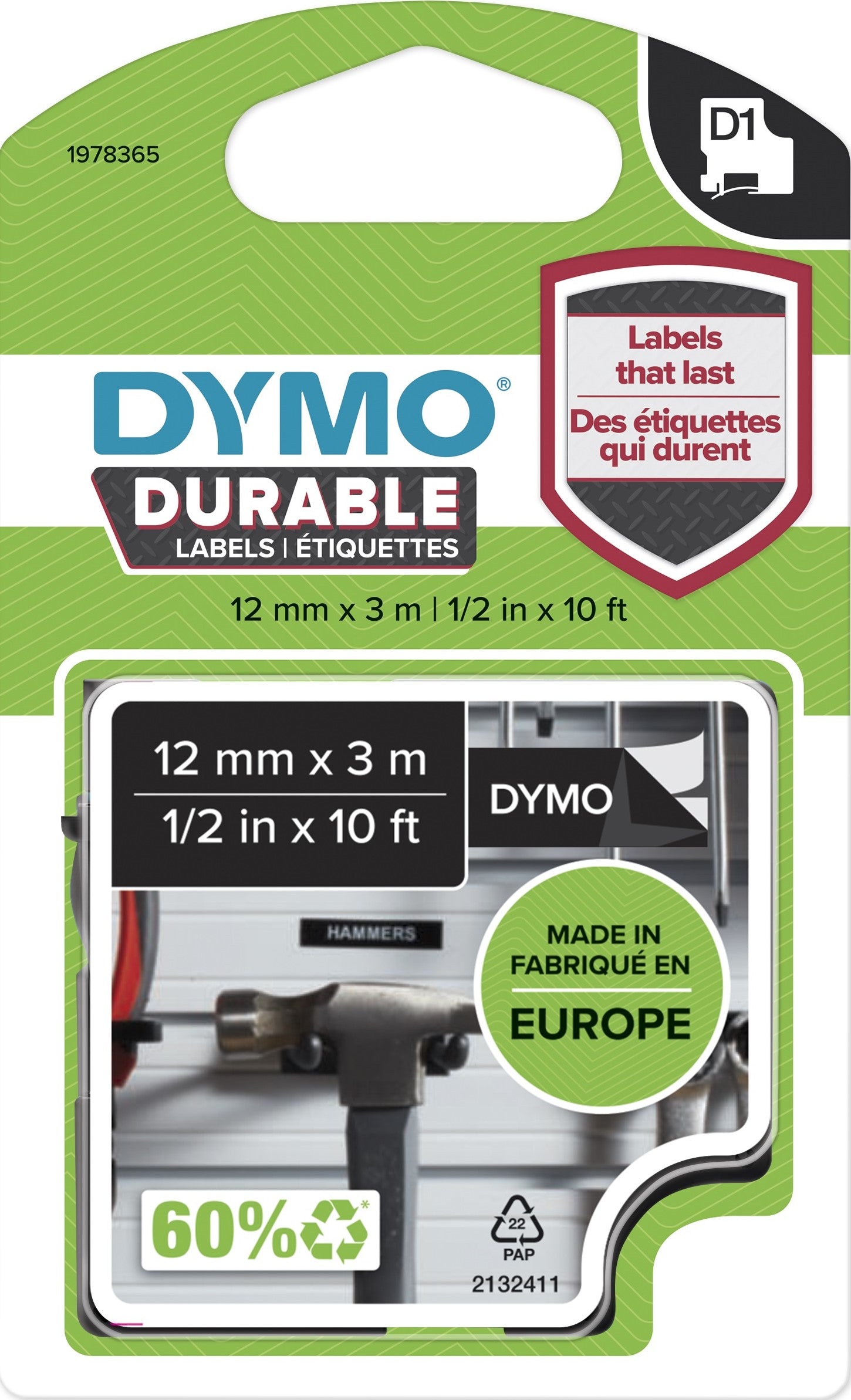 TechWarehouse 1978365 Dymo D1 12mm x 3m Durable Label Tape White on Black Dymo