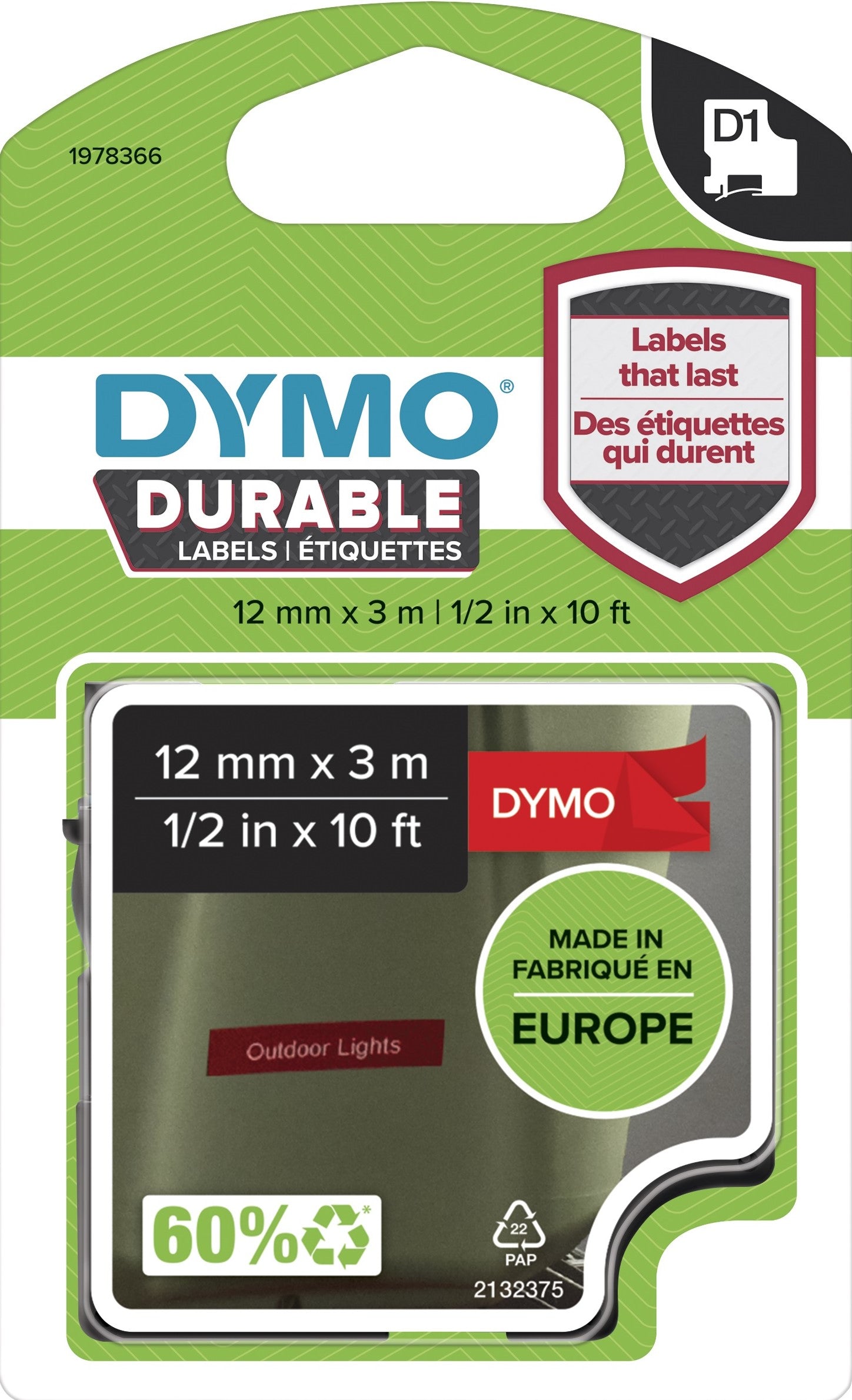 TechWarehouse 1978366 Dymo 12mm x 3m Durable Label Tape White on Red Dymo