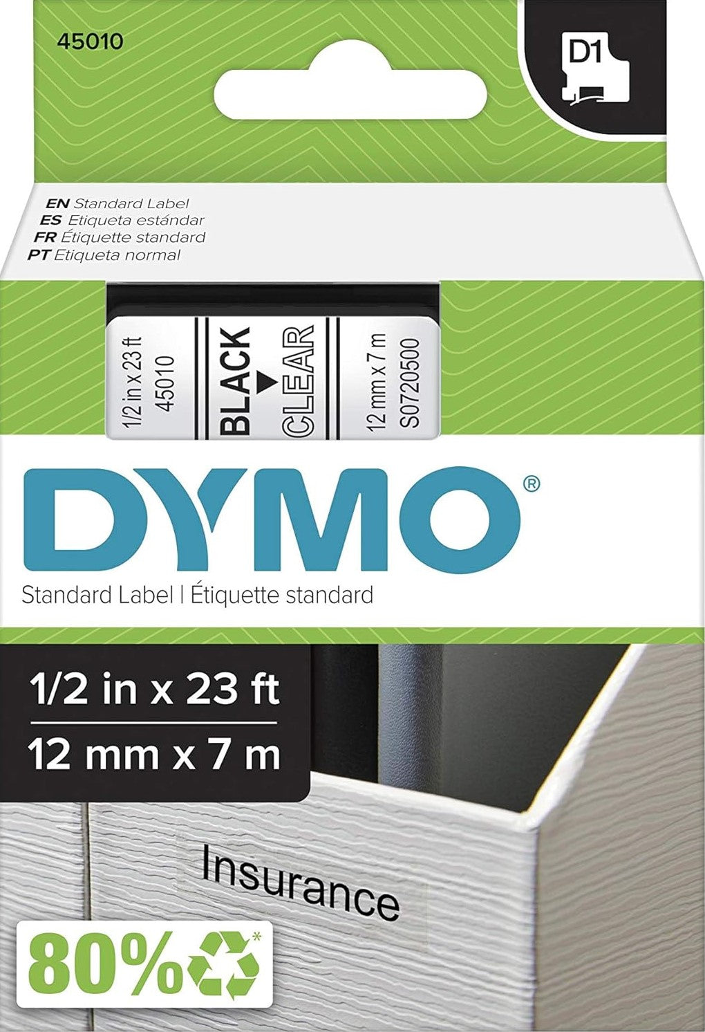 TechWarehouse S0720500 Dymo D1 12mm x 7m Black on Clear (45010) Dymo