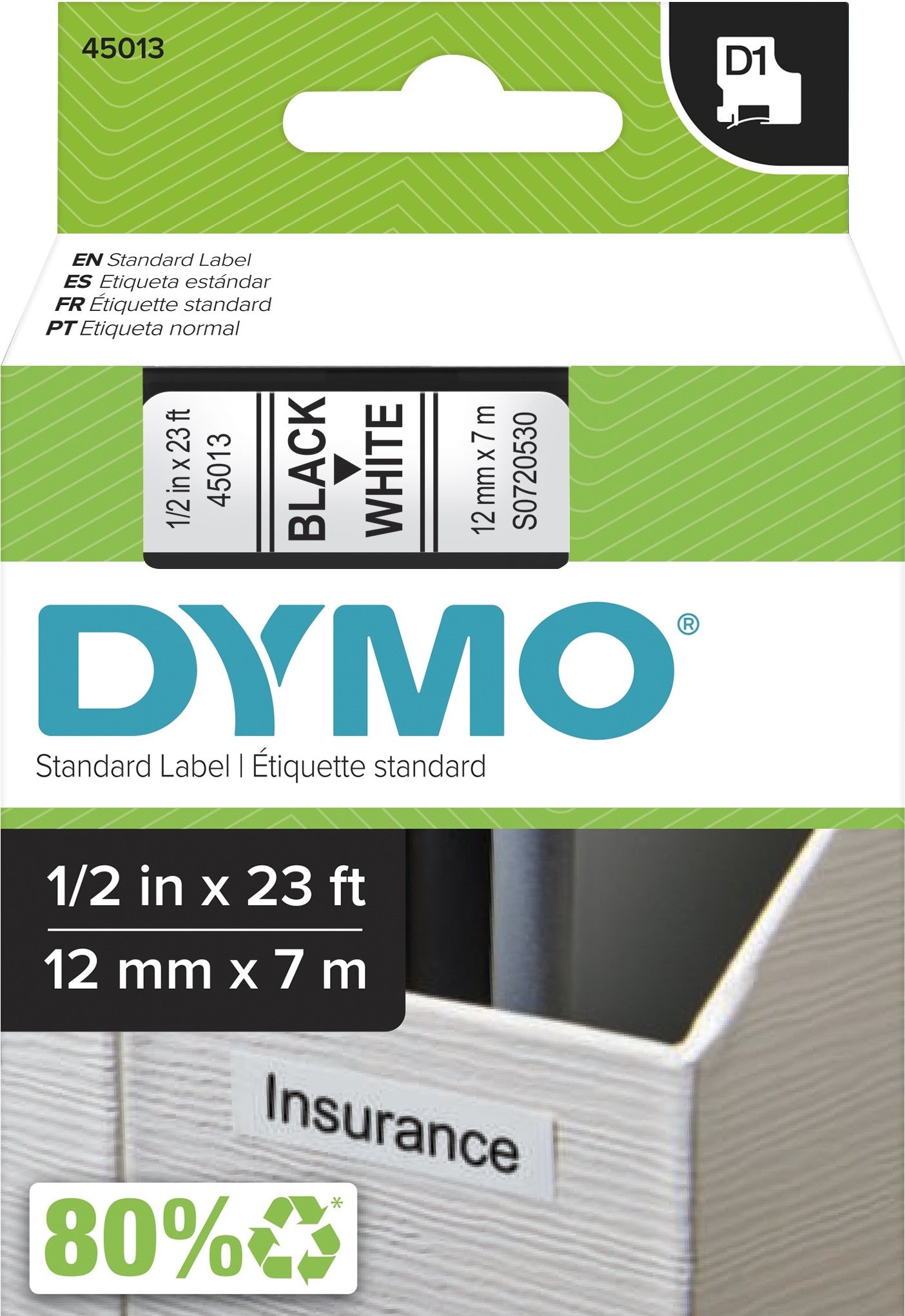 TechWarehouse S0720530 Dymo D1 12mm x 7m Black on White (45013) Dymo