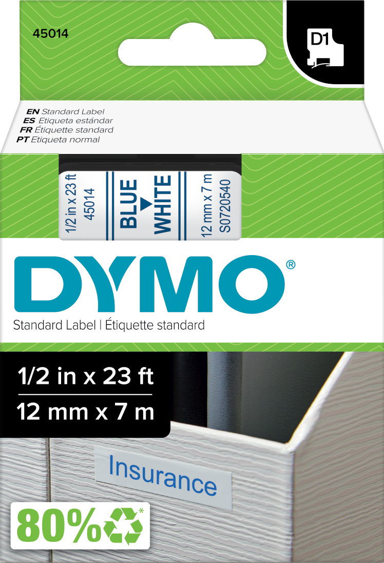 TechWarehouse S0720540 Dymo D1 12mm x 7m Label Tape Blue on White (45014) Dymo