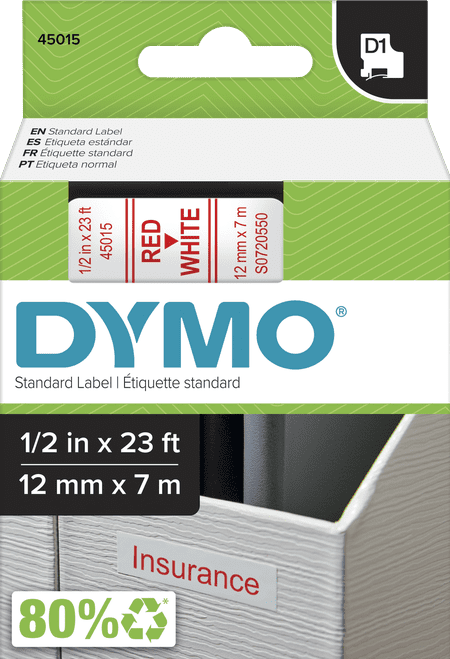 TechWarehouse S0720550 Dymo D1 12mm x 7m Label Tape Red on White (45015) Dymo