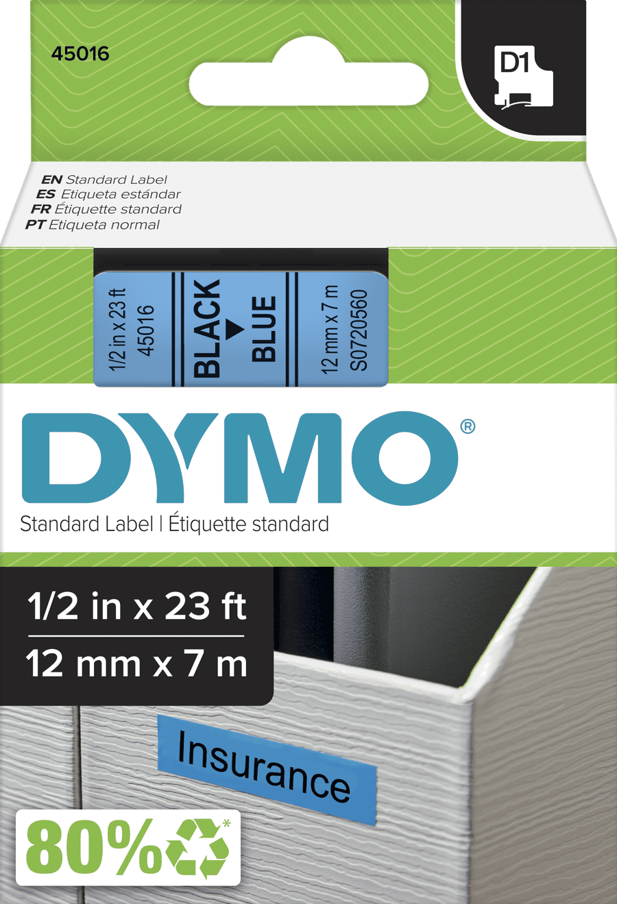 TechWarehouse S0720560 Dymo D1 12mm x 7m Label Tape Black on Blue (45016) Dymo