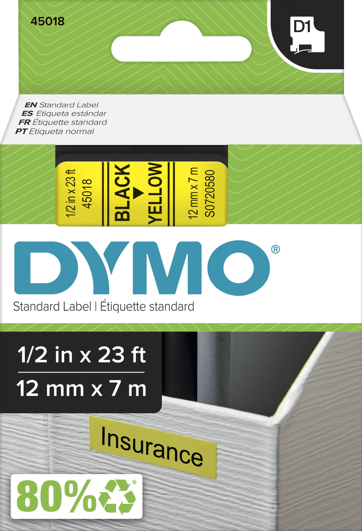 TechWarehouse S0720580 Dymo D1 12mm x 7m Label Tape Black on Yellow (45018) Dymo
