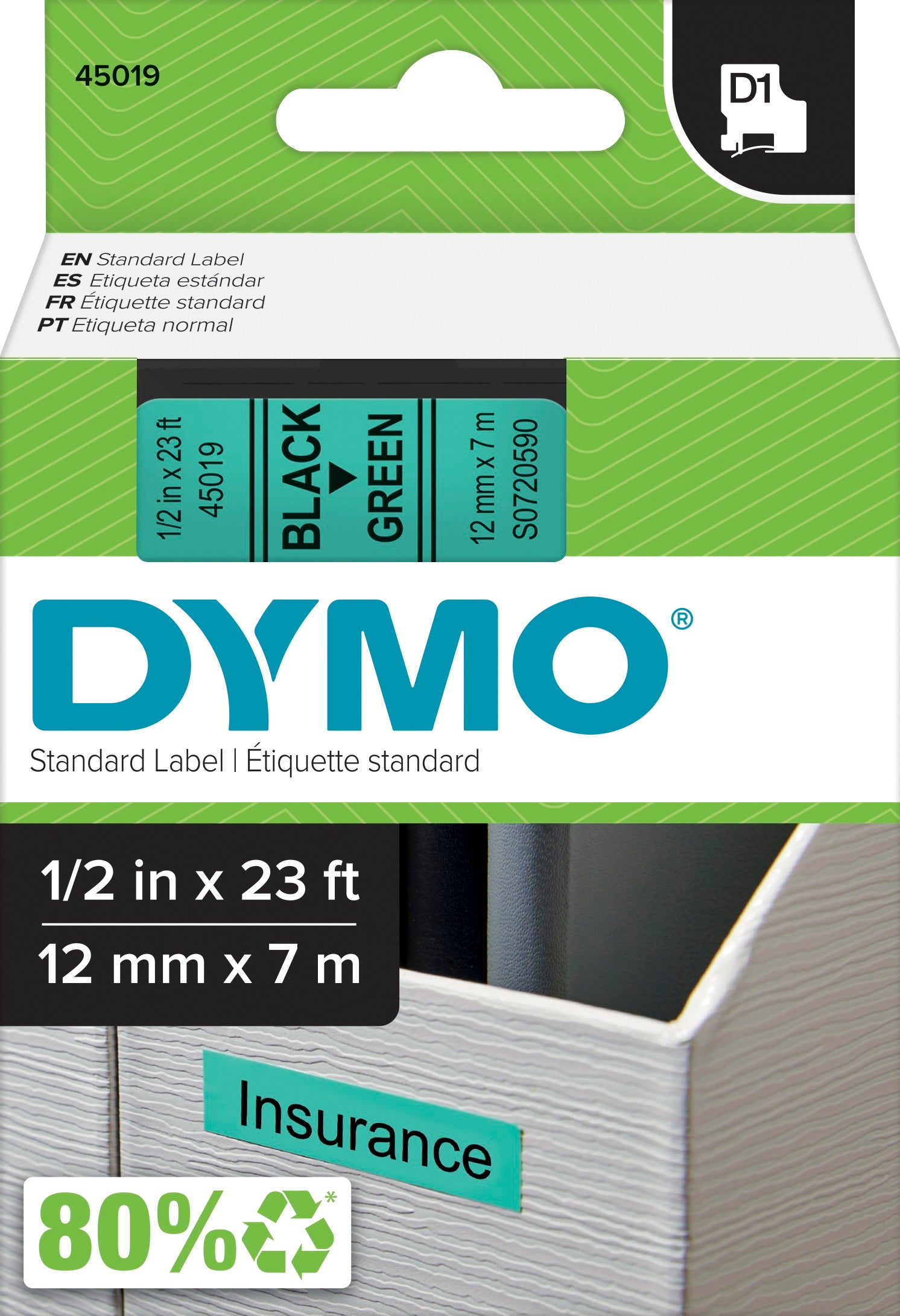 TechWarehouse S0720590 Dymo D1 12mm x 7m Label Tape Black on Green (45019) Dymo