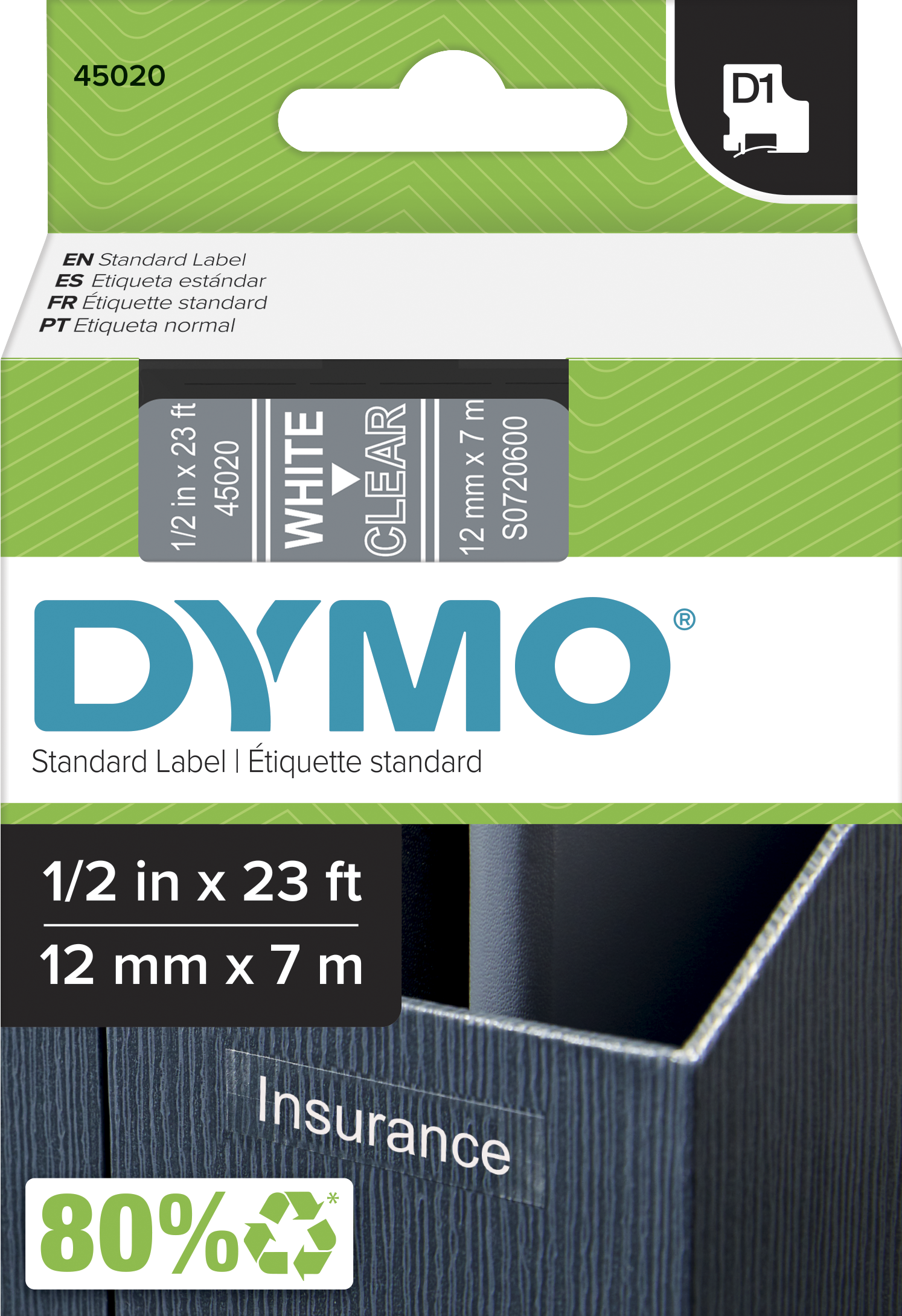 TechWarehouse S0720600 Dymo D1 12mm x 7m Label Tape White on Clear (45020) Dymo