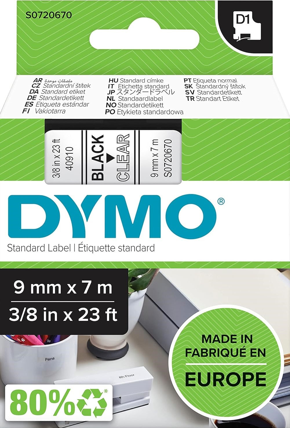 TechWarehouse S0720670 Dymo D1 9mm x 7m Label Tape Black on Clear (40910) Dymo