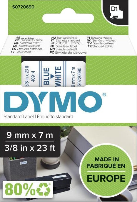 TechWarehouse S0720690 Dymo D1 9mm x 7m Tape Blue on White (40914) Dymo
