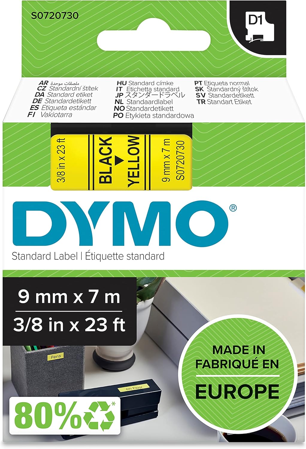 TechWarehouse S0720730 Dymo D1 9mm x 7m Black on Yellow (40918) Dymo